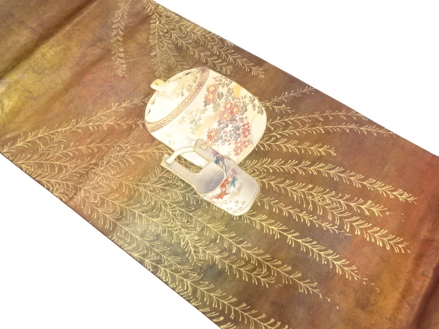 引箔　手描き　柳・香炉・手桶模様袋帯